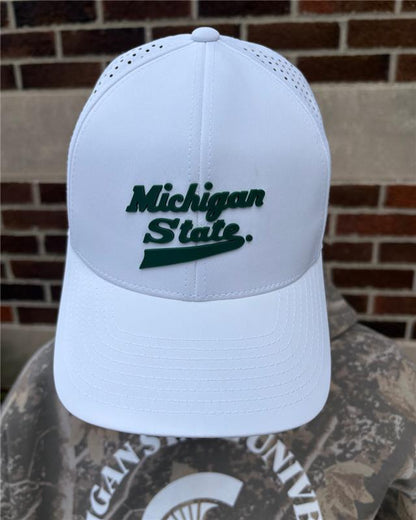 A white Michigan State performance hat with a green PVC patch design. PVC patch says, "Michigan State" in green. 