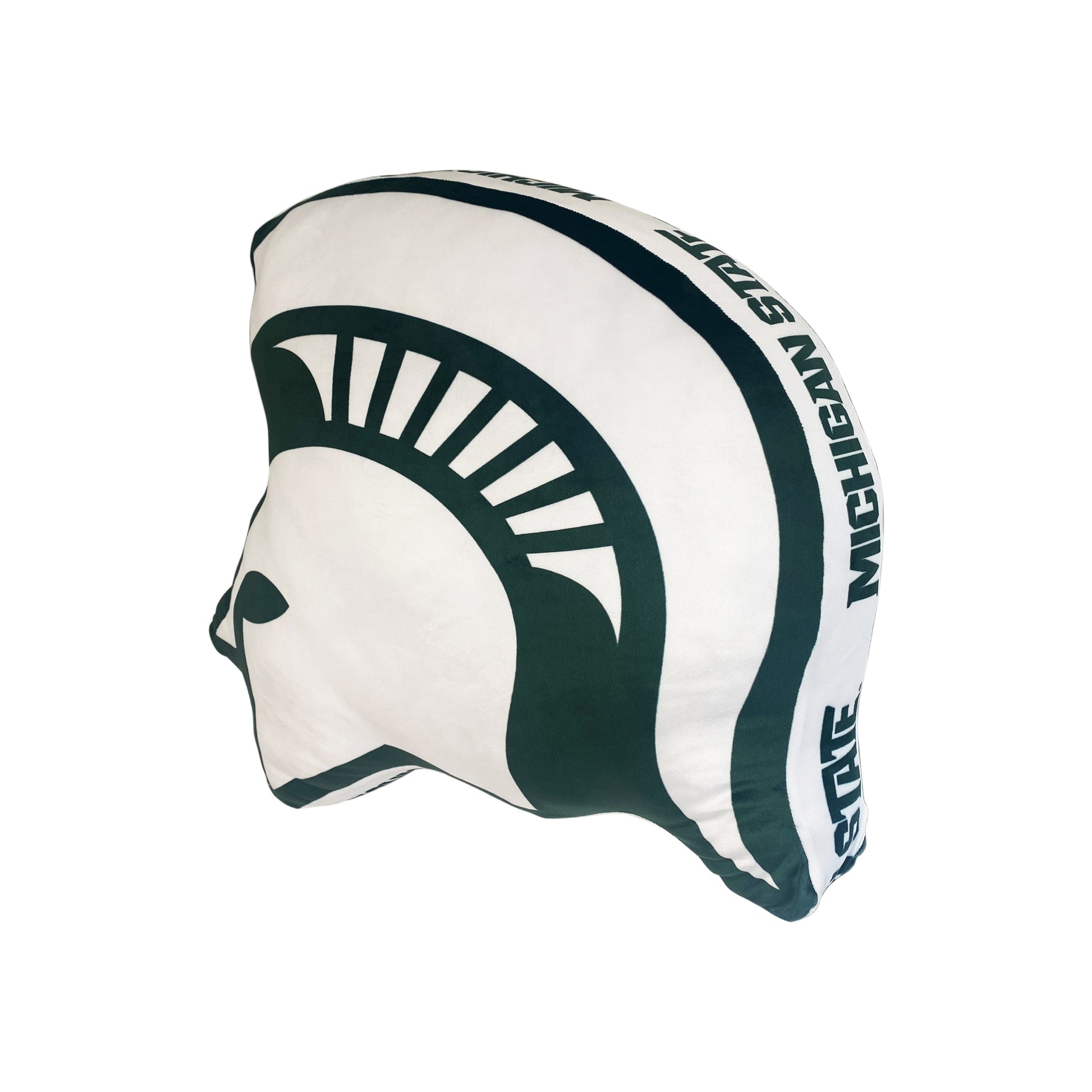 White and green Spartan Helmet shaped pillow with text across the top  of the helmet that reads "Michigan State." Shown on a white background.