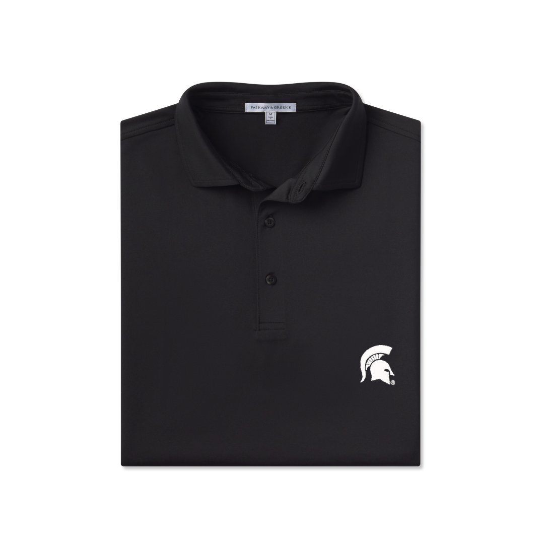 Black polo. Embroidered on left chest is a white Spartan helmet. 