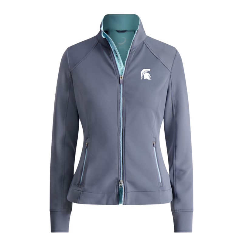 Blue gray zip-up jacket with two zippered pockets, a high collar, and a teal interior lining. Features a Spartan helmet logo on the left chest.