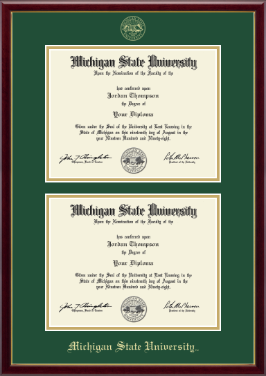 Framed display with a green matte background featuring two Michigan State University. The frame includes the university name, 'Michigan State University,' printed at the bottom. Top of matte is gold embossed Michigan State University Seal. 