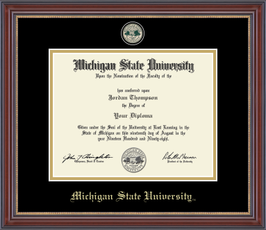  The frame is dark brown with a gold inner edge. The matte is black with gold trim, and 'Michigan State University' is printed in gold at the bottom center of the frame. Top of matte is a green and gold Michigan State University Seal. 