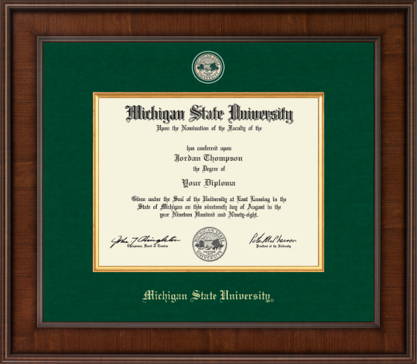 Diploma frame with a rich brown frame. Green Matting with gold filet sourround the opening for the diploma. Top of matting is a gold 'Michigan State University' seal. Bottom of matting in gold is 'Michigan State University.'