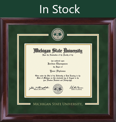 The frame is dark brown with a glossy finish. The matte is green with white accent trim, centered at bottom in gold lettering 'Michigan State University'. Top of matte centered is Michigan State University Seal. 