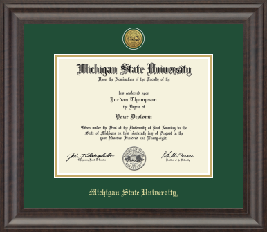 Framed Michigan State University diploma surrounded with green matting and a gold edging around the diploma opening. Frame is a dark brown color. At the bottom of matting in gold is Michigan State University. Above diploma opening is a gold Michigan State University Seal. 