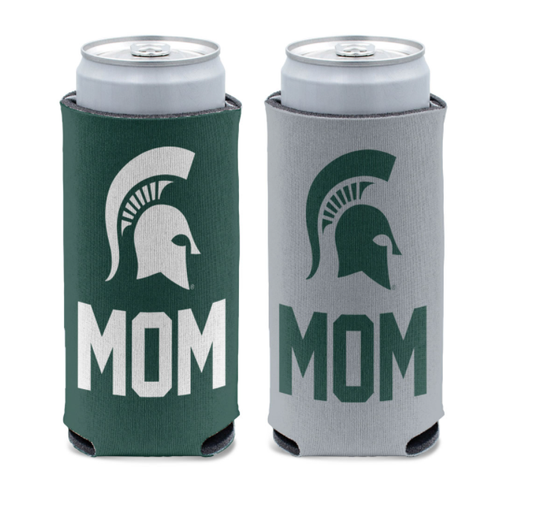 Two can coolers, one green and one gray, each with "MOM" text and a Spartan Helmet logo on each of them.
