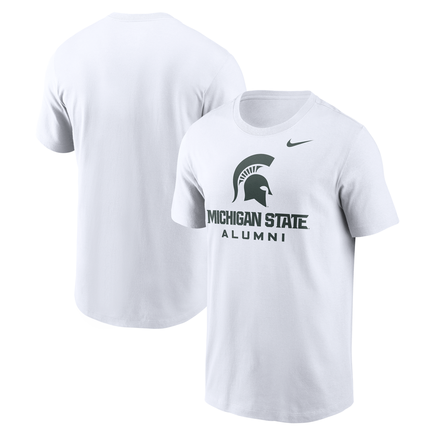 White T-shirt with a green 'Michigan State Alumni' wordmark in the center of the shirt, Spartan Helmet logo above it, and the Nike logo on the left upper chest. The back of the T-shirt is plain white. 