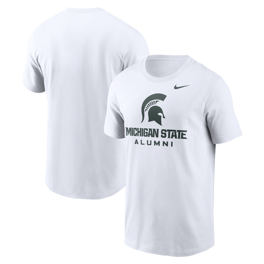 White T-shirt with a green 'Michigan State Alumni' wordmark in the center of the shirt, Spartan Helmet logo above it, and the Nike logo on the left upper chest. The back of the T-shirt is plain white. 