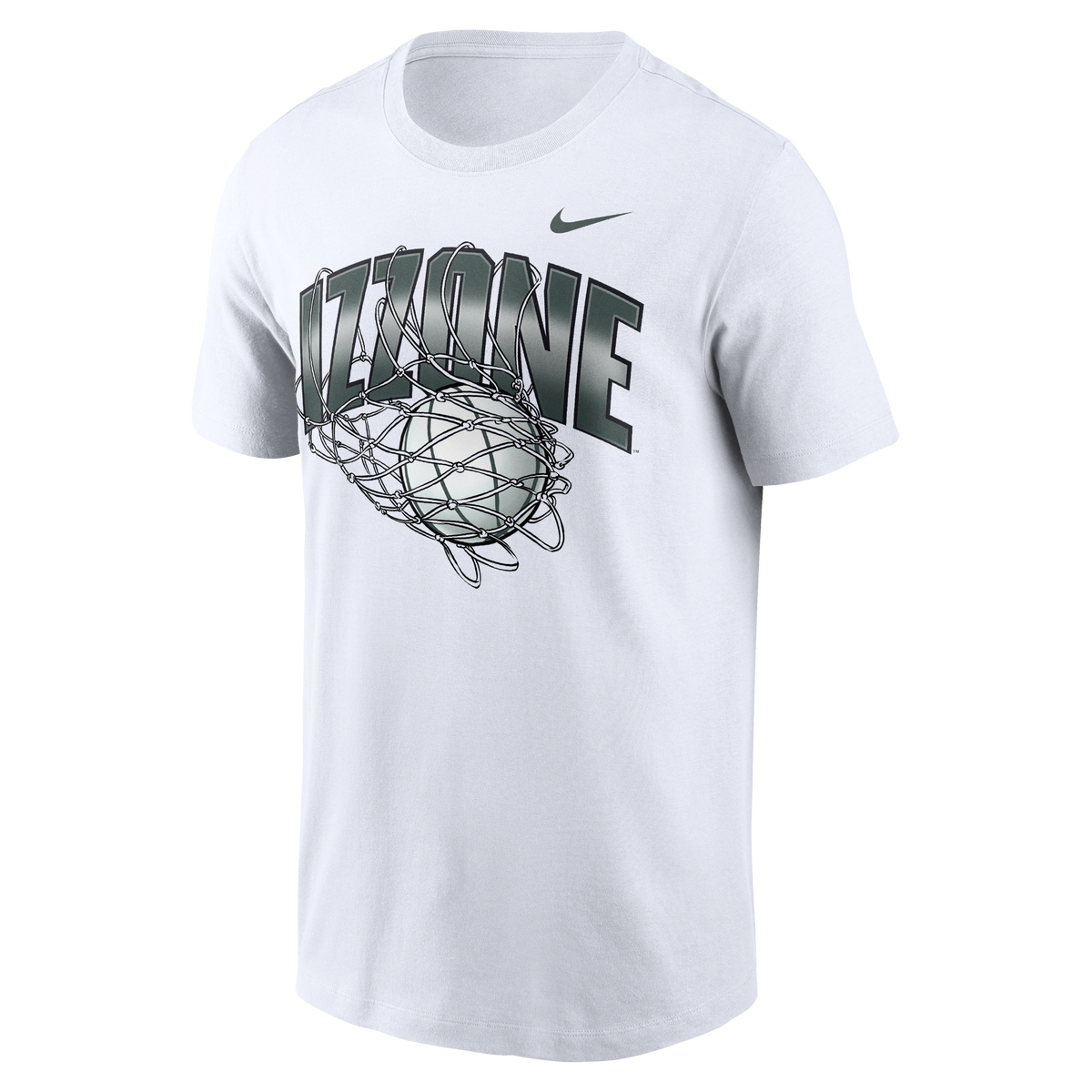 White Nike short-sleeve T-shirt featuring a large green gradient “IZZONE” wordmark across the chest with a basketball passing through a detailed net graphic layered over the lettering. A dark green Nike Swoosh logo appears on the upper right chest.