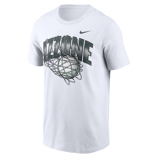 White Nike short-sleeve T-shirt featuring a large green gradient “IZZONE” wordmark across the chest with a basketball passing through a detailed net graphic layered over the lettering. A dark green Nike Swoosh logo appears on the upper right chest.