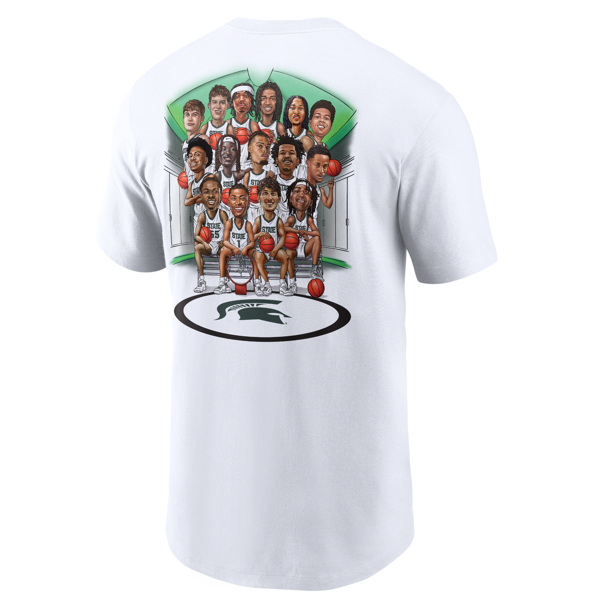 Back view of a white Nike T-shirt featuring a large illustrated graphic of Michigan State basketball players in white uniforms gathered in a locker room setting. The caricature-style artwork shows multiple players holding basketballs and posing around benches, with green geometric accents in the background. Below the group is a large Spartan helmet logo centered inside a black oval on the floor.