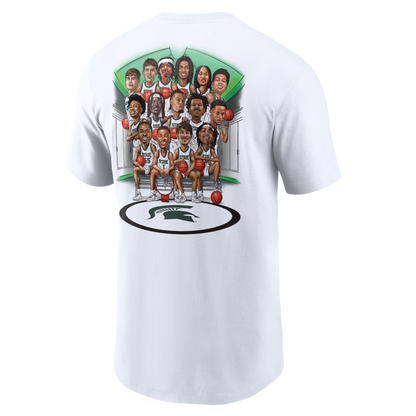 Back view of a white Nike T-shirt featuring a large illustrated graphic of Michigan State basketball players in white uniforms gathered in a locker room setting. The caricature-style artwork shows multiple players holding basketballs and posing around benches, with green geometric accents in the background. Below the group is a large Spartan helmet logo centered inside a black oval on the floor.