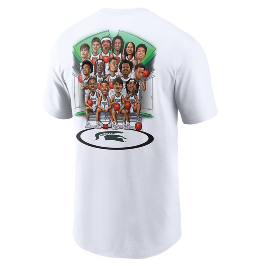 Back view of a white Nike T-shirt featuring a large illustrated graphic of Michigan State basketball players in white uniforms gathered in a locker room setting. The caricature-style artwork shows multiple players holding basketballs and posing around benches, with green geometric accents in the background. Below the group is a large Spartan helmet logo centered inside a black oval on the floor.