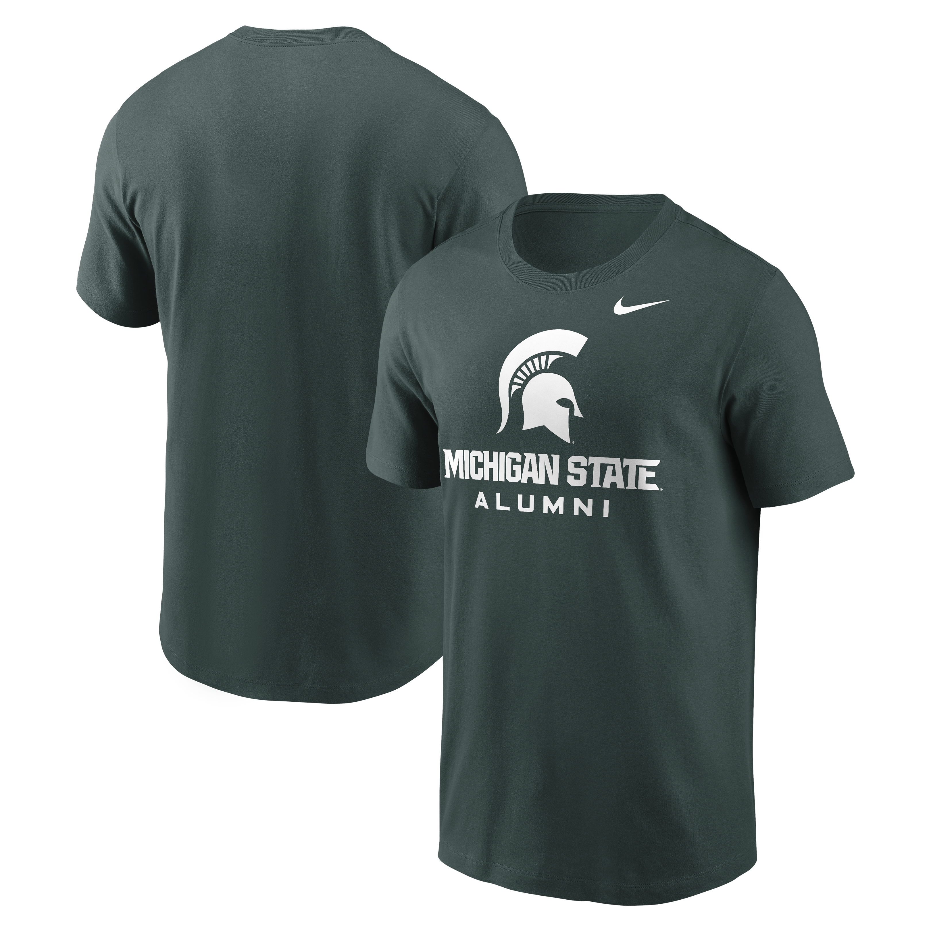 Green T-shirt with a white 'Michigan State Alumni' wordmark in the center of the shirt, Spartan helmet logo above it, and the Nike logo on the left upper chest. The back of the T-shirt is plain green. 