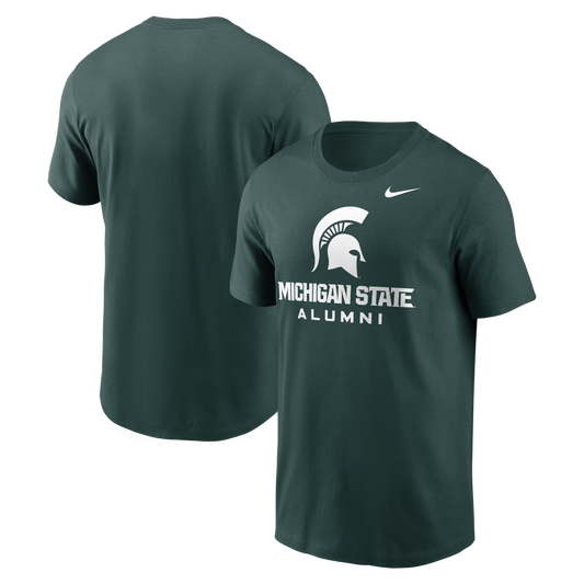 Green T-shirt with a white 'Michigan State Alumni' wordmark in the center of the shirt, Spartan Helmet logo above it, and the Nike logo on the left upper chest. The back of the T-shirt is plain green. 
