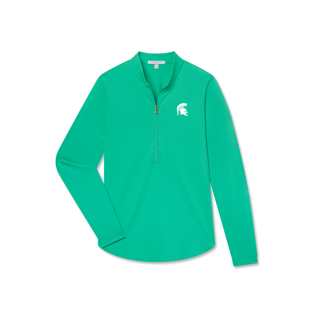 Kelly green women's quarter-zip pullover. Embroidered on left chest is a white Spartan helmet. 