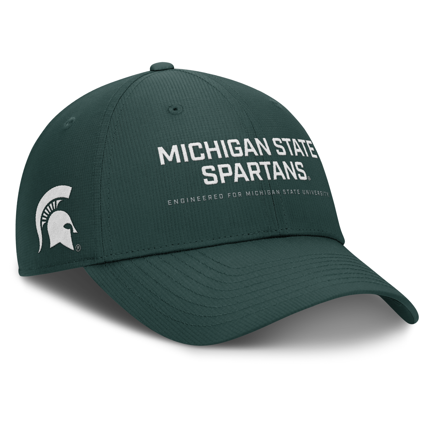 Right side of green cap with white  "Michigan State Spartans" wordmark and "Engineered for Michigan State University" subtext. On the right side of the hat there is a white Spartan Helmet logo.