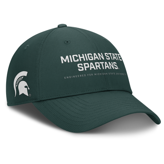 Right side of green cap with white  "Michigan State Spartans" wordmark and "Engineered for Michigan State University" subtext. On the right side of the hat there is a white Spartan Helmet logo.