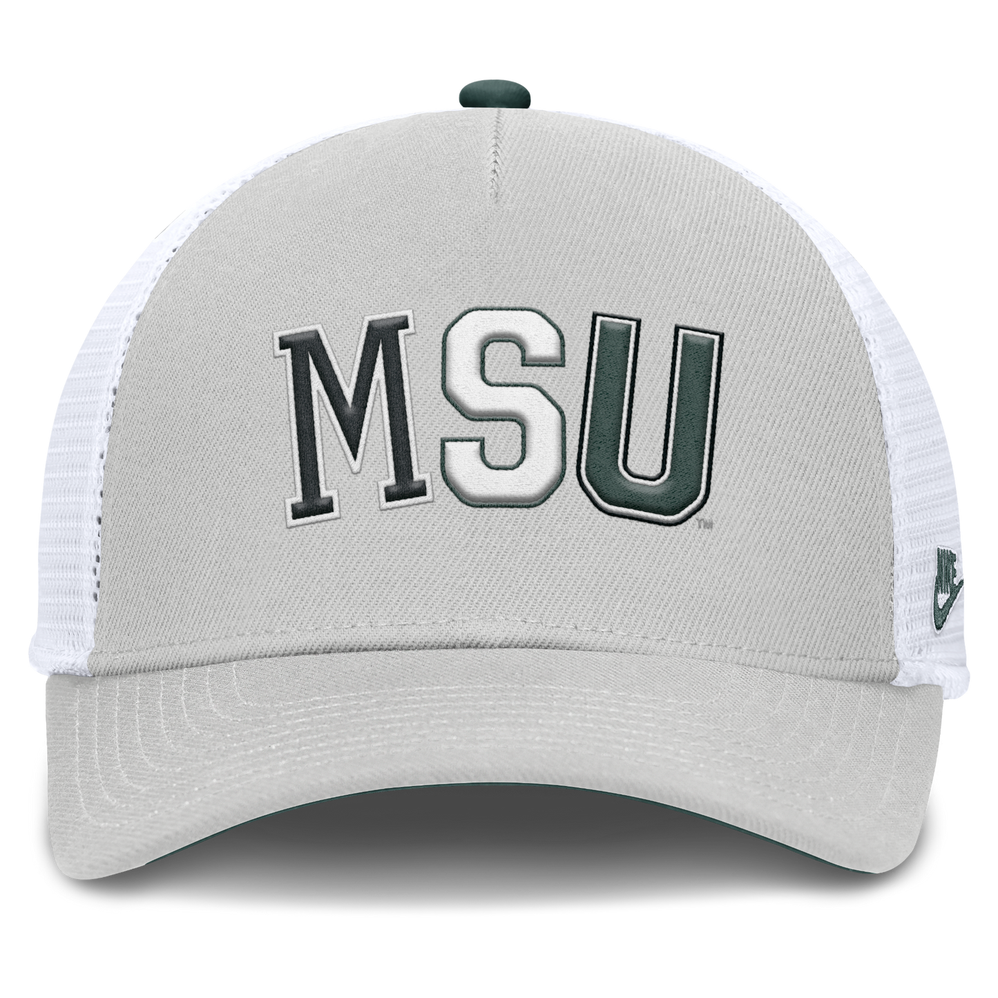 Front panel and bill of hat is light grey color. Back panels of hat is white mesh. On light grey panels centered is 'MSU' in various fonts. The letter is embroidered , the letter 'M' is black with a white outline. The 'S' is white with a green outline. The 'U' is green  with a black outline. 