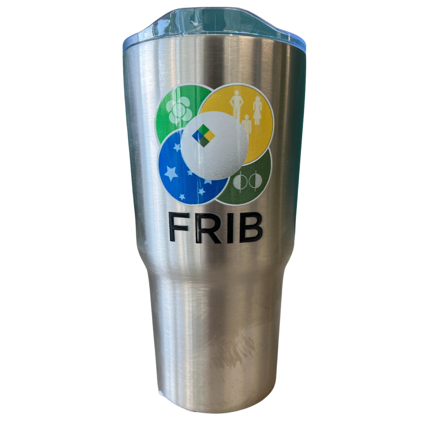 Stainless steel graduated tumbler with a clear lid. The full-color FRIB logo is printed on one side of the tumbler with a black FRIB wordmark below it.