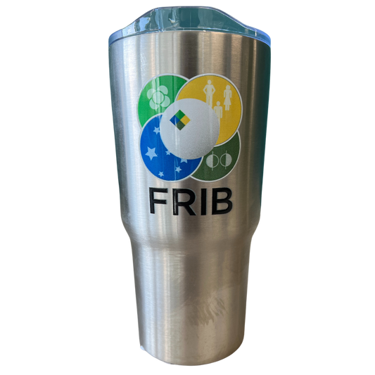 Stainless steel graduated tumbler with a clear lid. The full-color FRIB logo is printed on one side of the tumbler with a black FRIB wordmark below it.