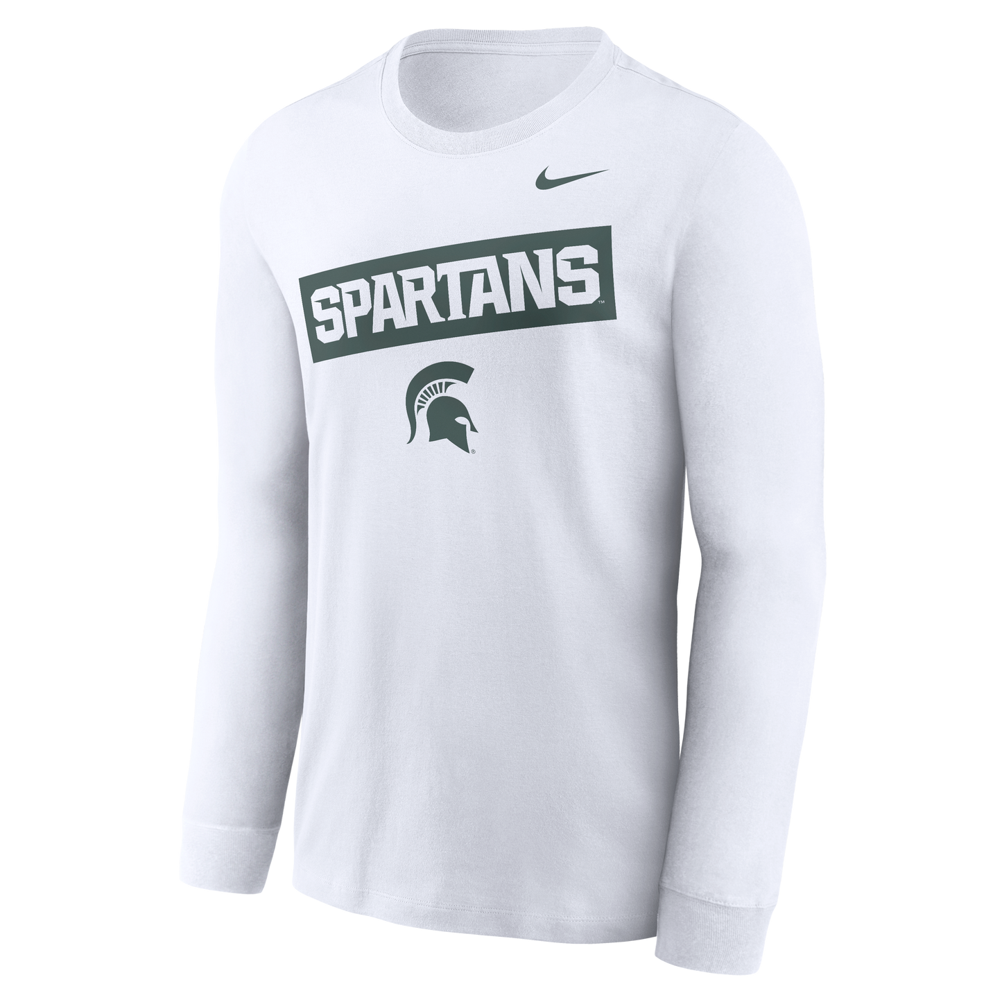A white long sleeve T-shirt with a dark green block graphic in the middle. Inside the block graphic, written in white, is the word "Spartans." Underneath the block graphic is a green Spartan Helmet logo. 
