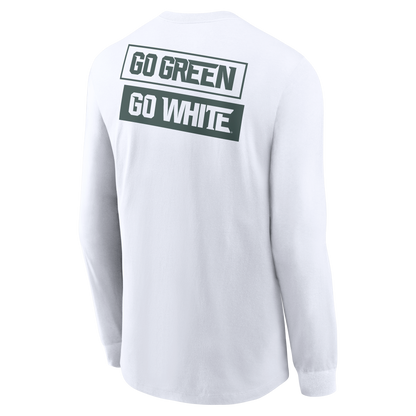 The back of a white long sleeve T-shirt with the block text "Go Green" in green, and then "Go White" in white. 