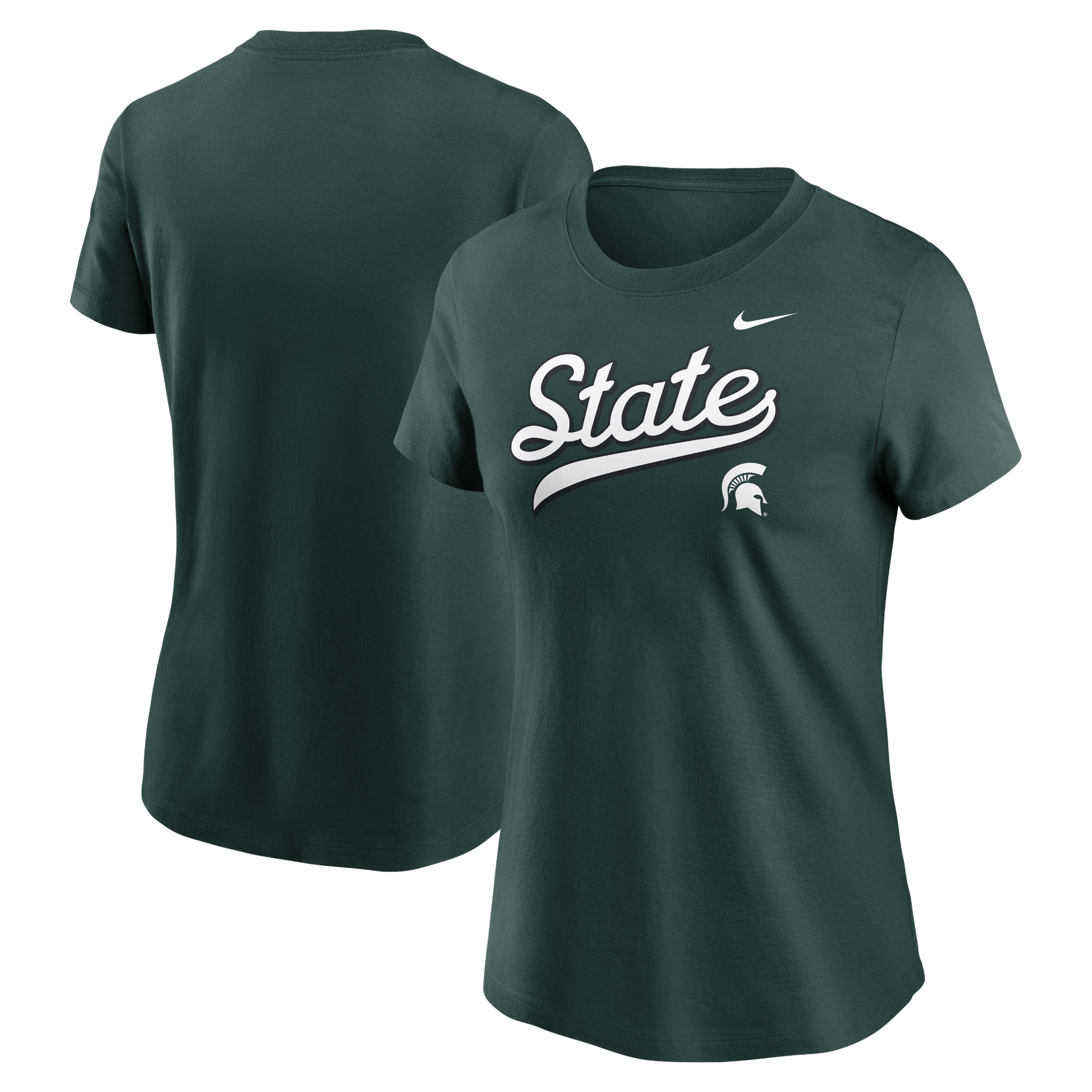 Green t-shirt with 'State' and Nike logo in white lettering. 