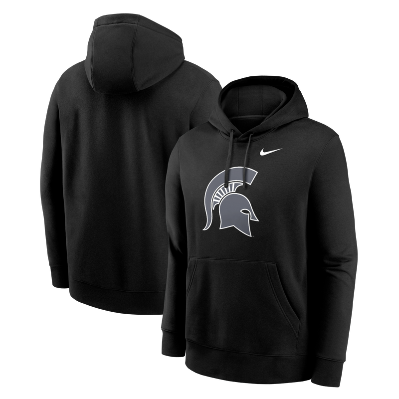 Black hoodie with gray and white Spartan helmet logo on front, shown from front and back views, on a white background