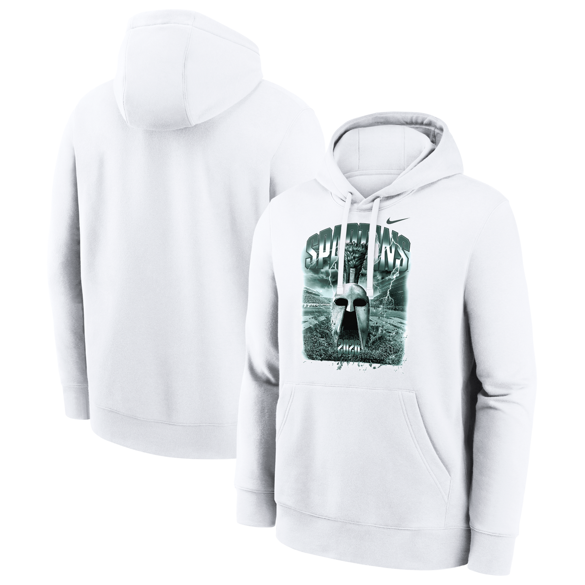 Front and back views of a white Nike Michigan State Spartans pullover hoodie displayed on a light gray background. The front features a large green-toned graphic with bold “SPARTANS” lettering, a Spartan helmet, lightning effects, stadium imagery, and “2026” integrated into the design. A Nike Swoosh logo appears above the graphic on the chest. The hoodie includes a drawstring hood, kangaroo pocket, ribbed cuffs, and hem, while the back is solid white with no graphics.