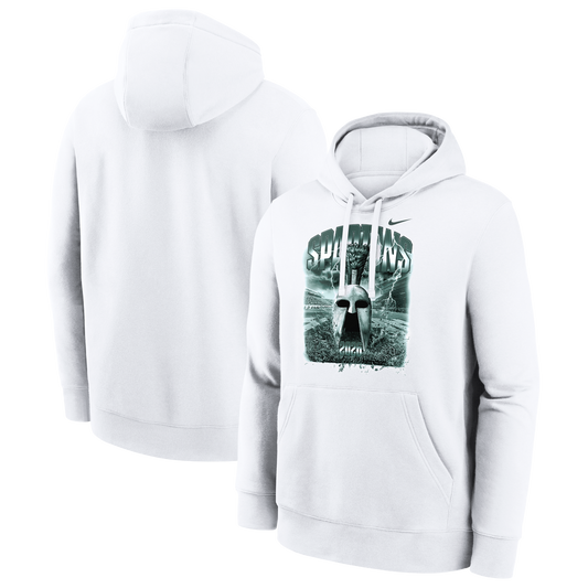 Front and back views of a white Nike Michigan State Spartans pullover hoodie displayed on a light gray background. The front features a large green-toned graphic with bold “SPARTANS” lettering, a Spartan helmet, lightning effects, stadium imagery, and “2026” integrated into the design. A Nike Swoosh logo appears above the graphic on the chest. The hoodie includes a drawstring hood, kangaroo pocket, ribbed cuffs, and hem, while the back is solid white with no graphics.