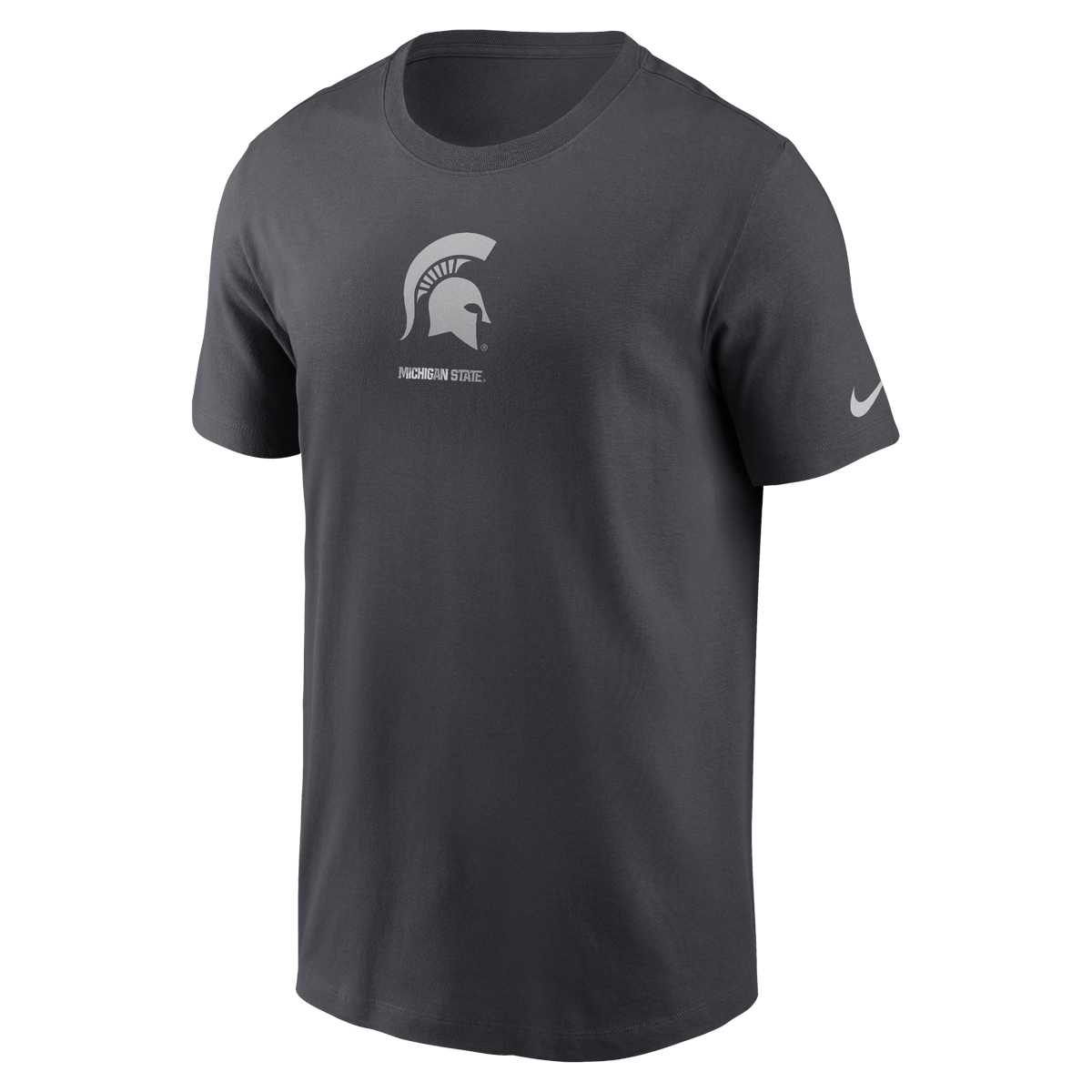 Dark charcoal Michigan State T-shirt featuring a gray Spartan helmet logo and “MICHIGAN STATE” text centered on the chest, with a white Nike Swoosh on the left sleeve.