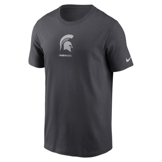 Dark charcoal Michigan State T-shirt featuring a gray Spartan helmet logo and “MICHIGAN STATE” text centered on the chest, with a white Nike Swoosh on the left sleeve.