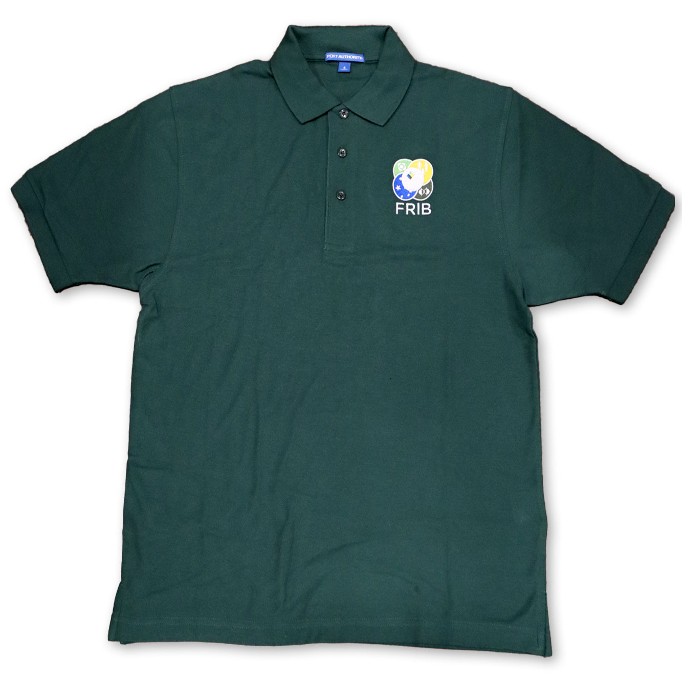 Forest green three-button short sleeve polo shirt with the full-color FRIB logo embroidered on the upper left chest and a FRIB wordmark in white below it. Shown on a white background. 