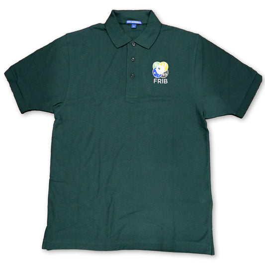 Forest green three-button short sleeve polo shirt with the full-color FRIB logo embroidered on the upper left chest and a FRIB wordmark in white below it. Shown on a white background. 
