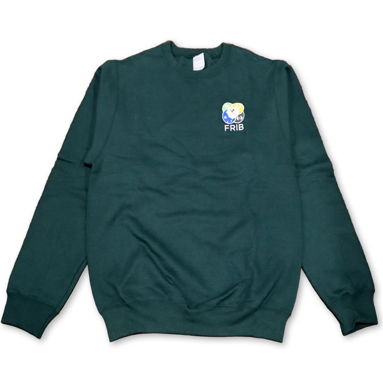 Forest green crewneck sweatshirt with the full-color FRIB logo embroidered on the upper left chest and a white FRIB wordmark underneath. Shown on a white background. 