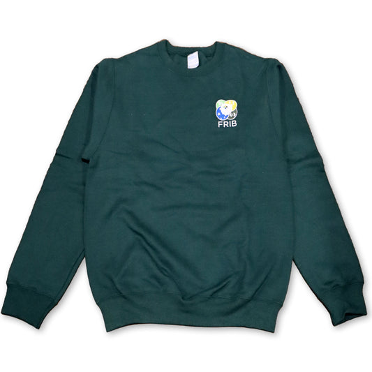 Forest green crewneck sweatshirt with the full-color FRIB logo embroidered on the upper left chest and a white FRIB wordmark underneath. Shown on a white background. 