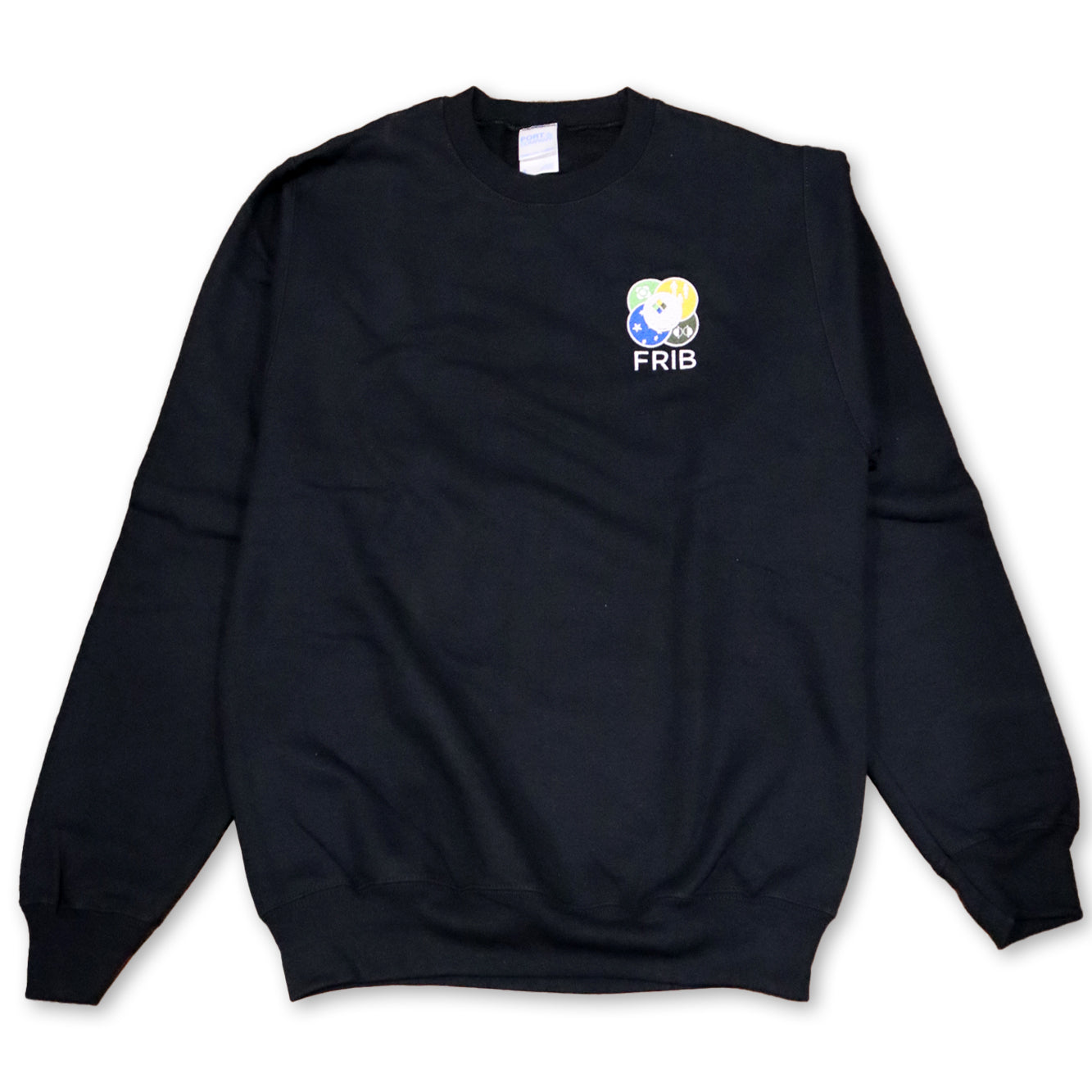 Black crewneck sweatshirt with the full-color FRIB logo embroidered on the upper left chest and a white FRIB wordmark underneath it. Shown on a white background. 