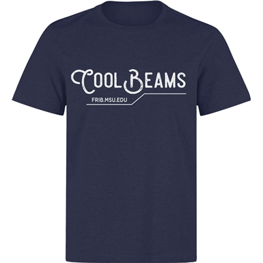 Dark blue crewneck T-shirt with white chalk-like font reading cool beams over a line that includes small text reading frib.msu.edu. Shown on a white background. 