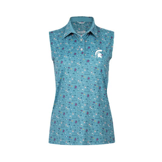Sleeveless blue polo with a three-button placket, colorful pattern, and white Spartan Helmet logo on the upper left chest. 