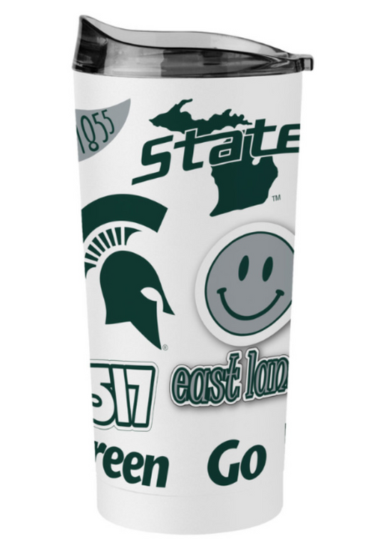 A white tumbler covered in green and gray icons representing MSU and East Lansing.