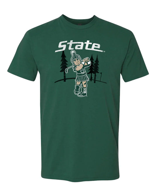 A green t-shirt with a white "State" wordmark above a graphic of Sparty golfing in front of some pine trees.