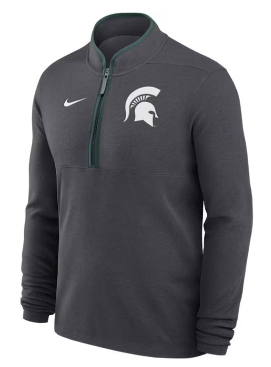 A gray quarter zip with a white Spartan helmet logo on the upper left chest.
