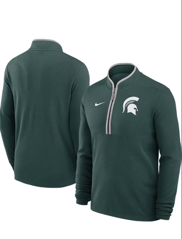 Two views of a green quarter zip with a white Spartan helmet logo on the upper left chest.