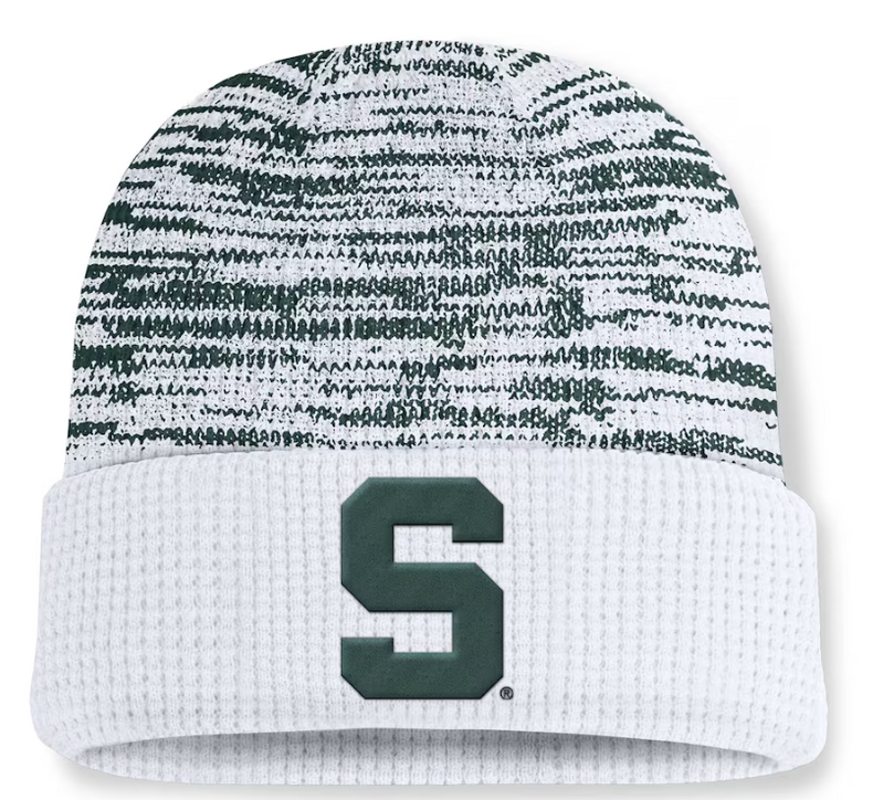 White knit beanie with marbled green top and large green 'S' logo on white cuff.