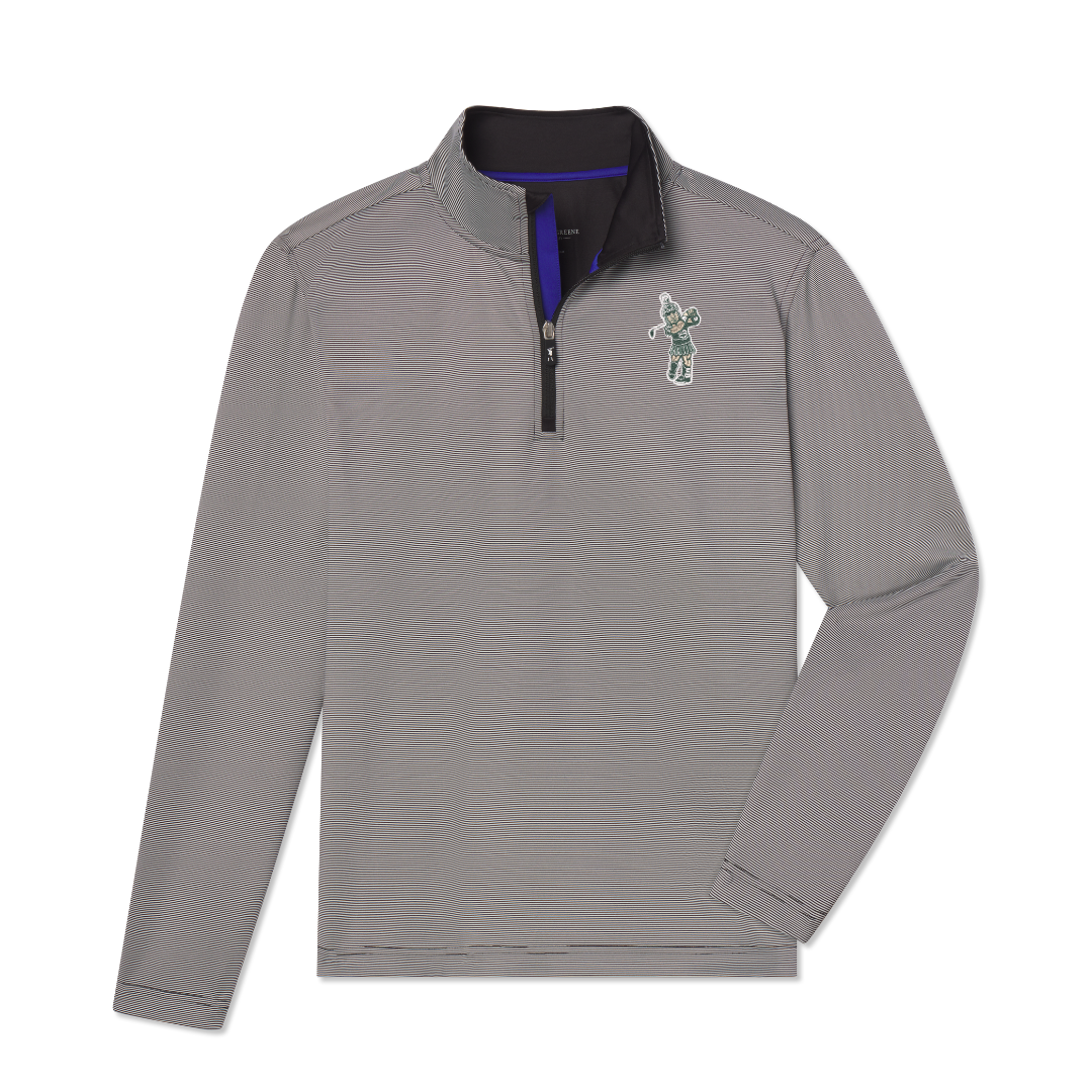 Gray quarter-zip with a reverse coil zipper that has a blue contrast color flap, striped design, and the Sparty Golf logo on the upper left chest. Shown on a white background. 