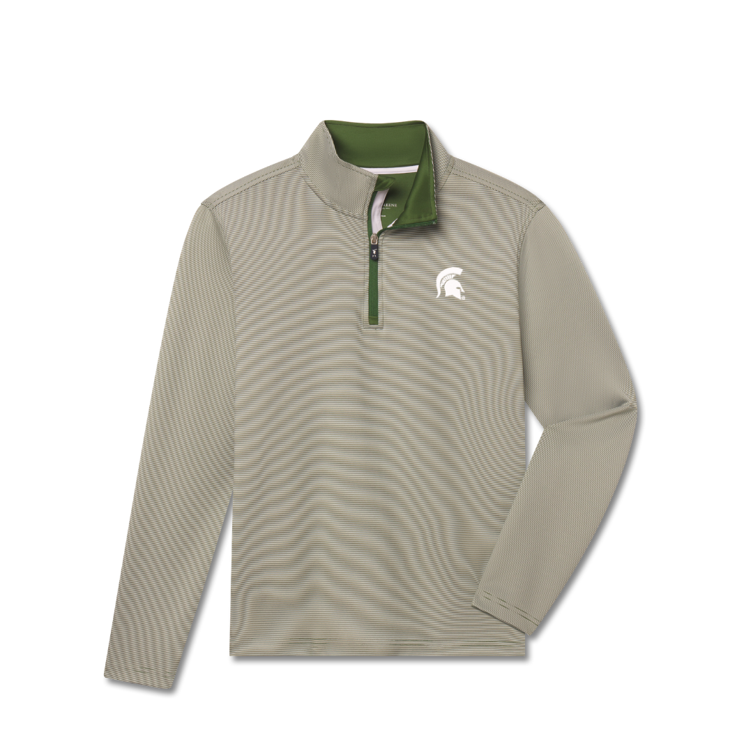 Sage green and white thin striped quarter-zip pullover. Embroidered on left chest is a white Spartan Helmet. 