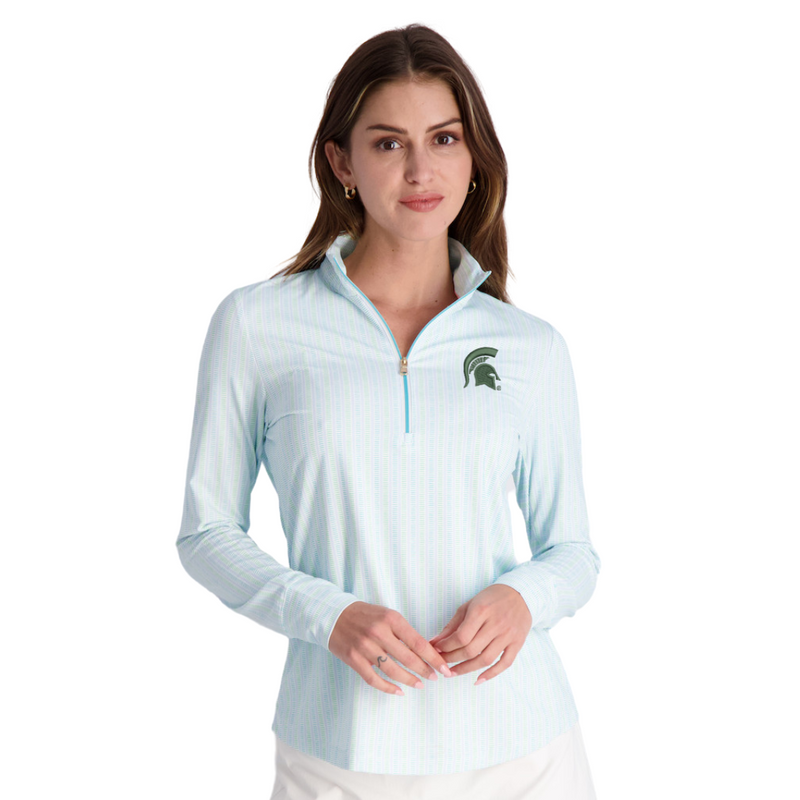 Women wearing a green and aqua golf lightweight quarter-zip with a spartan helmet on the upper left chest.