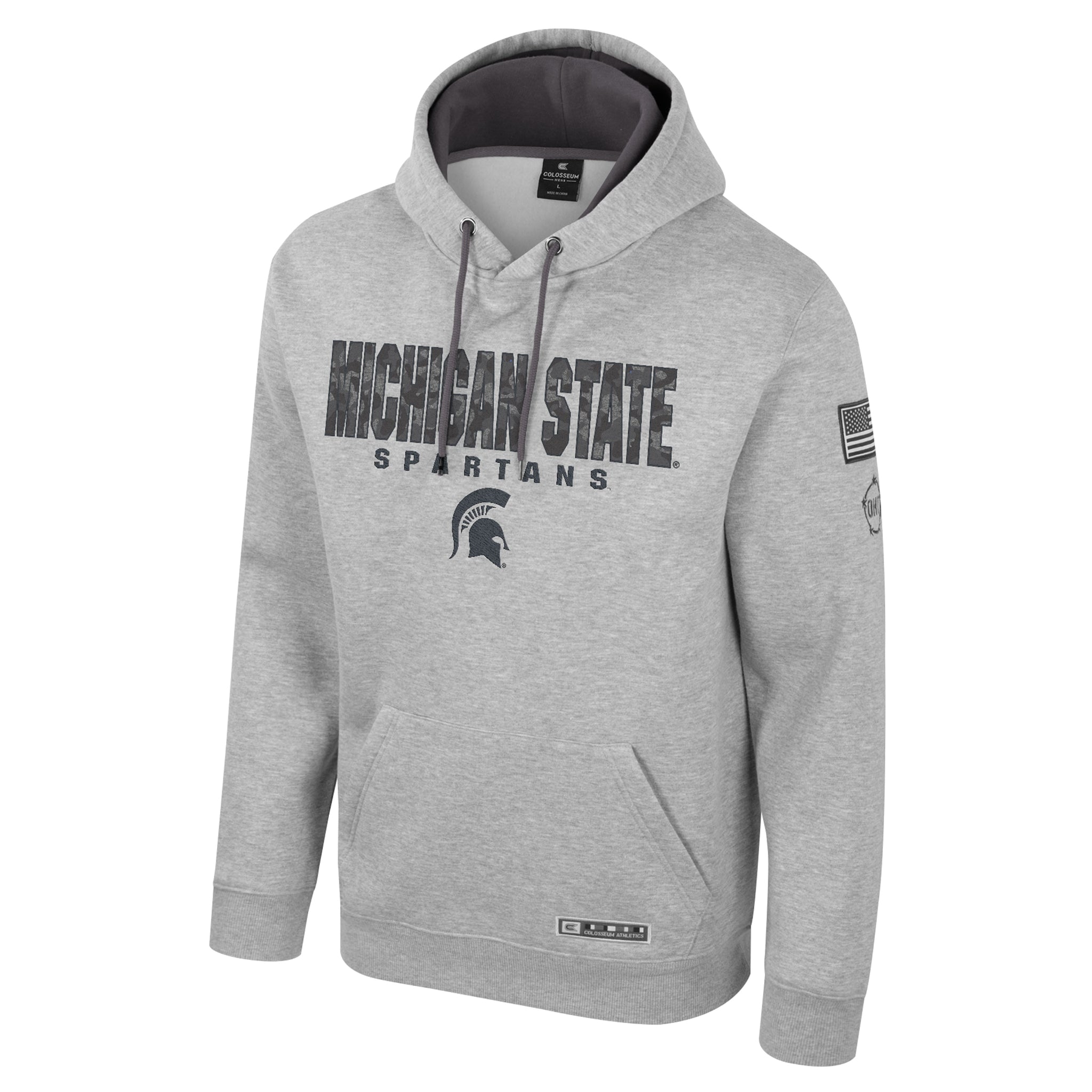 A gray sweatshirt with "Michigan State" in camouflage on the chest, the word "Spartans," and a gray Spartan helmet logo.