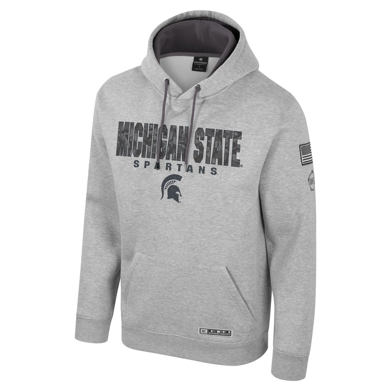 A gray sweatshirt with "Michigan State" in camouflage on the chest, the word "Spartans," and a gray Spartan helmet logo.